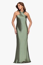 Xscape Olive Satin Halter Gown Green Maxi Formal Dress SZ 4 NWT GALA RESORT MOB