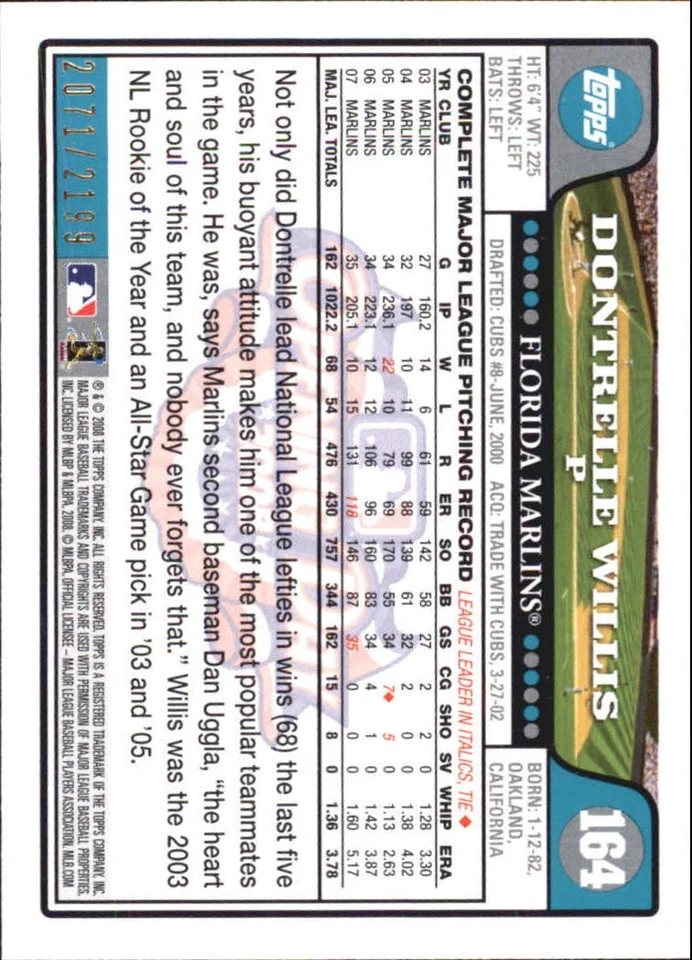 2008 Topps Opening Day Gold #164 Dontrelle Willis /2199 BB - Image 2 of 2