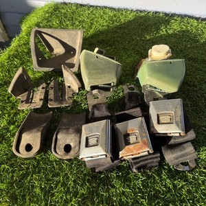 Vintage Cadillac Seat Belt Buckle Retractor Set Green Chrome Crest Logo GM OEM