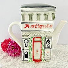 Figural Teapot Village Antiques Store by MSRF, Unique Shape and Fun Details