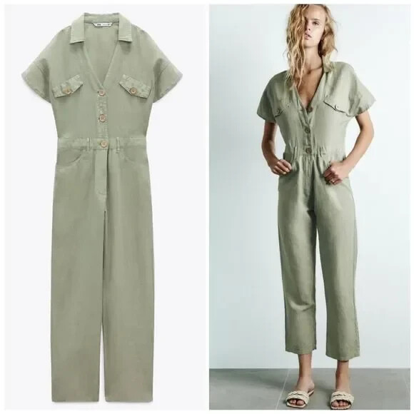ZARA Green Khaki Linen Blend Short Sleeve Jumpsuit 8200 708 506