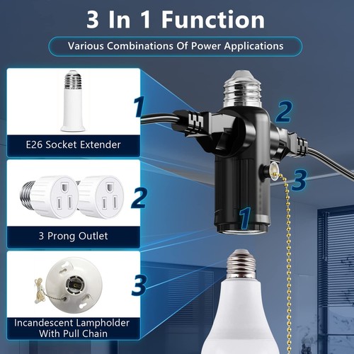 2Pcs E27 E26 Light Bulb Socket to Plug Adapter with Pull Chain Switch 2/3 Prong - Picture 12 of 12