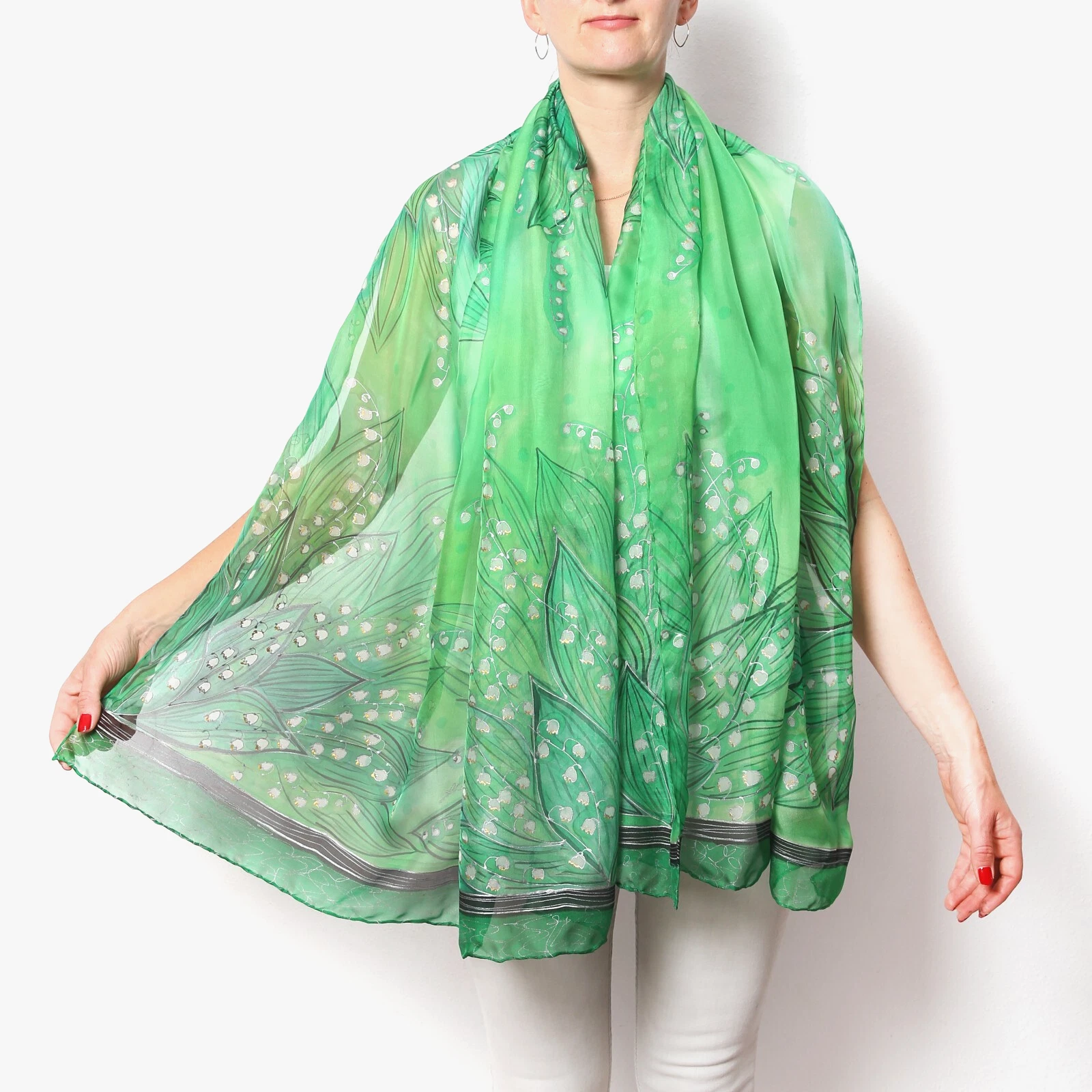 Lily of The Valley Hand Painted Green Silk Chiffon Scarf Wife Gift Mom Gift