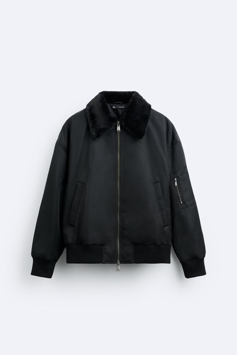 New Zara Mixed Collar Bomber Jacket S 8281/657 Black aviator New Zara Mixed Collar Bomber Jacket S 8281/657 Black aviator