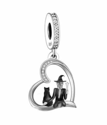 HEXE & SCHWARZE KATZE HALLOWEEN HERZ CHARM  925 STERLINGSILBER GESCHENK