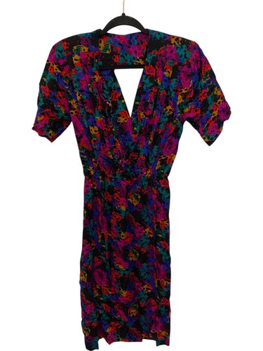 V Neck Midi Dress Multicolor Abstract Womens Short Sleeve Keyhole Back 80s