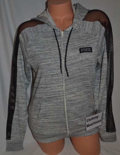Victoria's Secret PINK Perfect Full Zip Hoodie Marl gray Mesh Black Logo S NEW - Picture 2 of 4