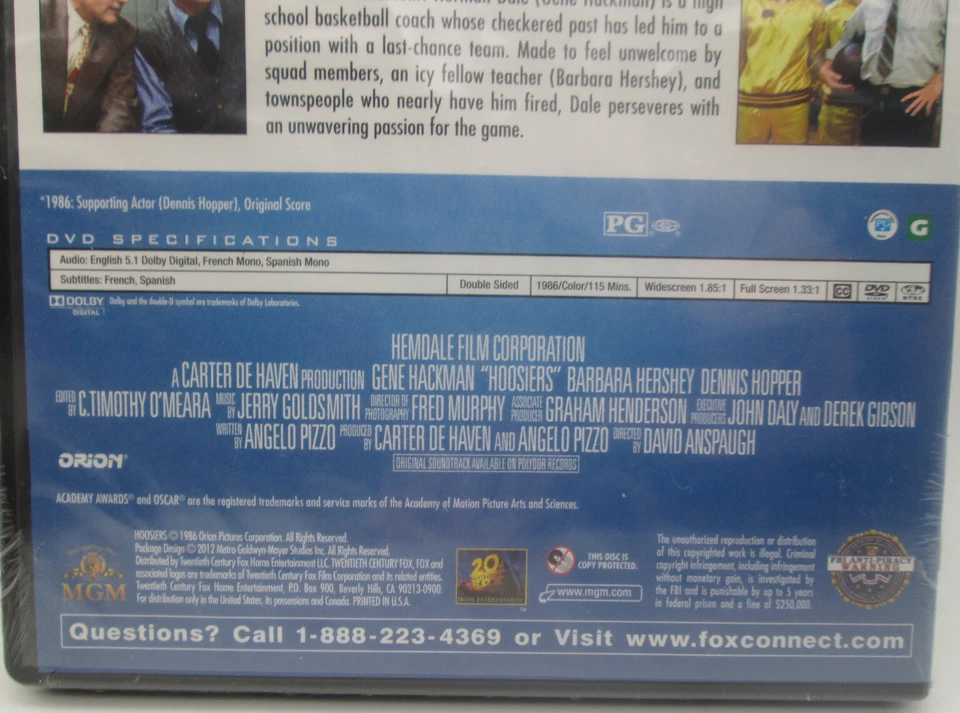 Hoosiers (DVD) G. Hackman, B. Hershey ) NEW, sealed, ships next business day! Foto 3 de 4