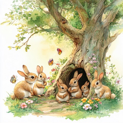 20 Servietten Rabbits Family In Tree Hasenfamilie Baum Ostern Blumen Bau 33X33Cm-image