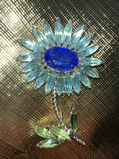 Vintage SCHREINER Blue Turqoise  Rhinestone Long Stem Twisted Flower Brooch