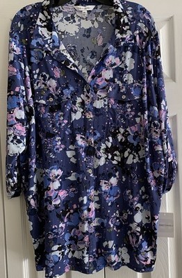 Emily Daniel s Top 3X NWT 3/4 Tab Sleeve Cool Color Floral Embellished Blouse