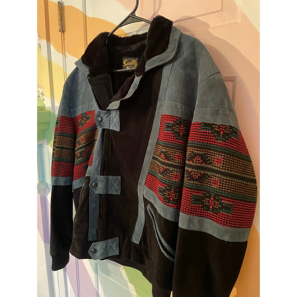 Vintage Scully Southwestern Bomber Jacket L Tapestry Suede Faux Fur - Image 3 of 4