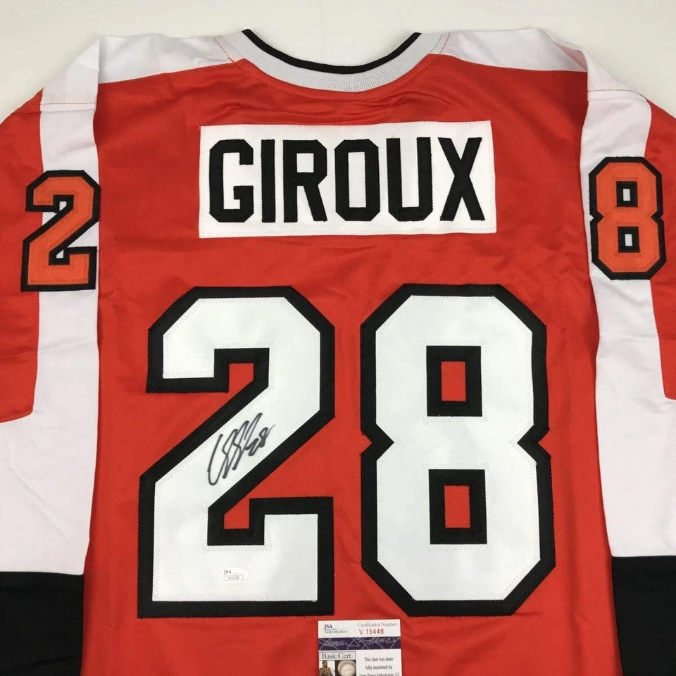 Camiseta deportiva de hockey autografiada/firmada CLAUDE GIROUX Philadelphia naranja certificado de autenticidad JSA automática Foto 2 de 4