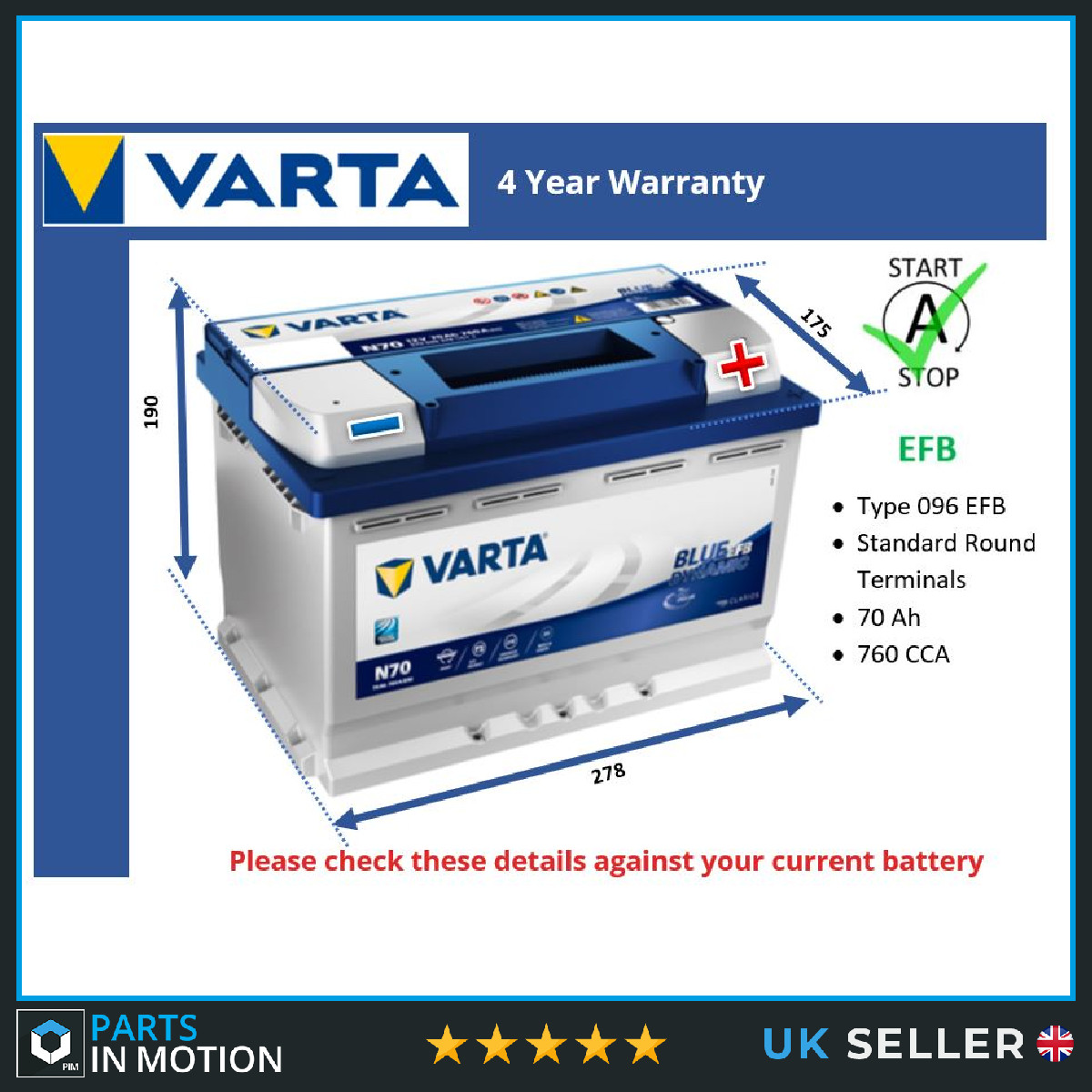 EFB Car Battery fits FIAT DOBLO 500X 500L MULTIPLA PUNTO EVO Stop Start