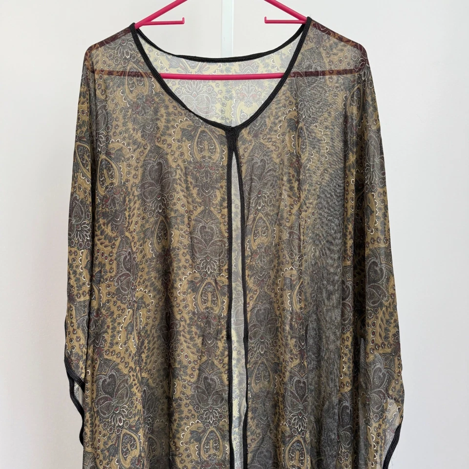 Paisley Sheer Cover-Up Duster Black Trim Beach Pool Resort Kimono - Image 2 of 4