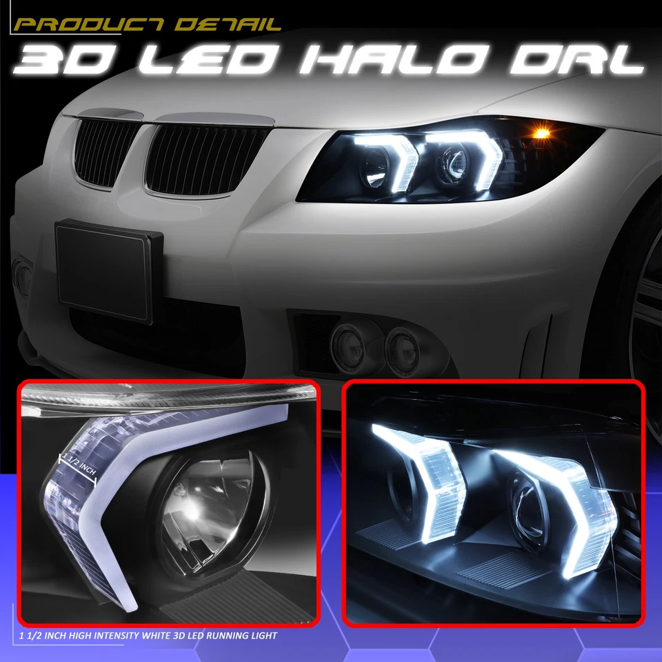 Faros proyectores de señal de retroceso LED DRL para BMW E90 2005-2008 sedán negros Foto 3 de 4