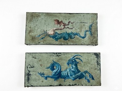 Renaissance Revival Grotesque Style painted Oil on Leather Seamonster Paintings
