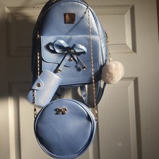 3 PCS Vegan Leather Mini Backpack  Purse Bowknot Girls Womens Blue Shoulder Bag