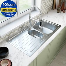 Image of Stainless Steel 1.5 Bowl Inset Kitchen Sink Modern Left Hand Drainer Wastes