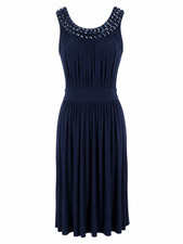 Soprano Women’s Navy Blue Beaded Rhinestone Pleated Midi Dress Size S Cocktail