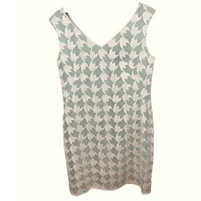 Tory Burch White Floral Lace V-Neck Shift Dress Sage Green Lining  Size 14