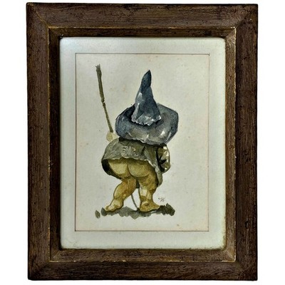 Werner Wildner Original Graphite & Watercolor On Paper Art Work Full Moon Gnome