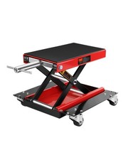 Motorcycle Lift Scissor Jack with Dolly Wheels, Wide Deck Wheel, Red