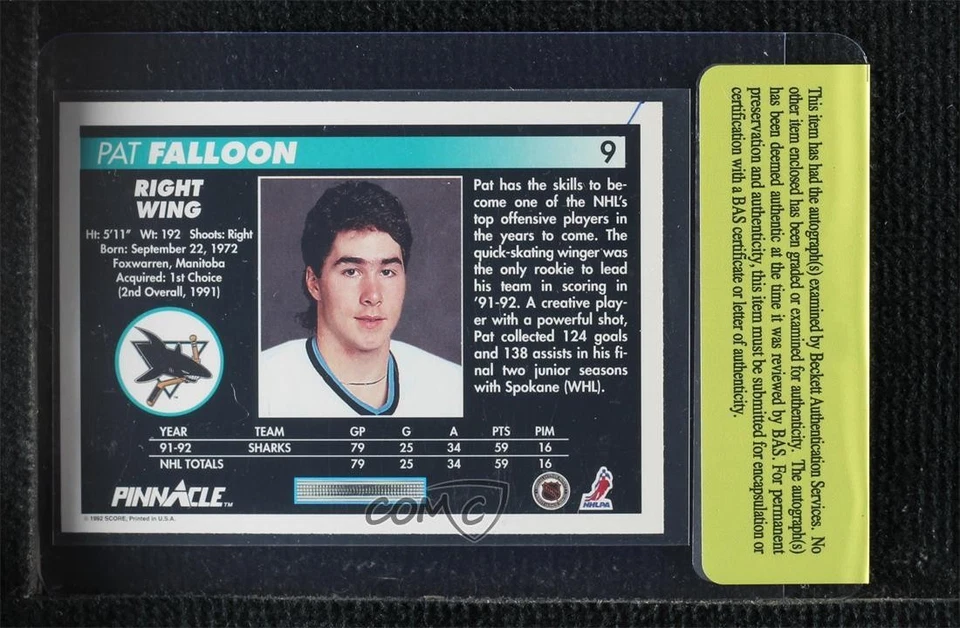 BAS 1992-93 Pinnacle Pat Falloon #9 Auténtico Automático Foto 2 de 2