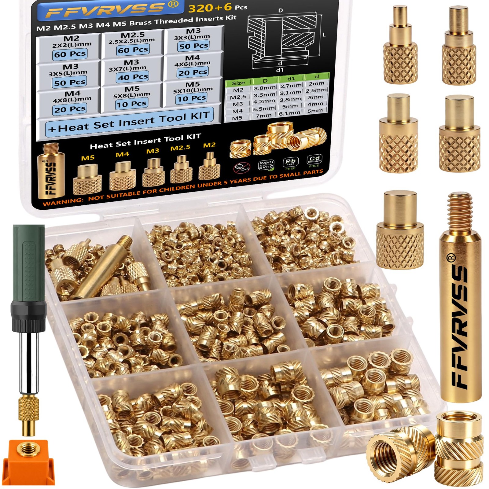 326 Pcs Brass Threaded Inserts M2 M2.5 M3 M4 M5 Assortment