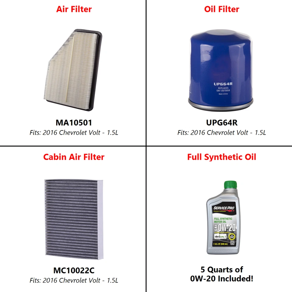 2016 Chevrolet Volt 1.5L Complete Air, Oil & Cabin Filter Kit (0W-20) Foto 2 de 4