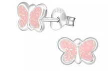 Butterly Pink With Glitter Sterling Silver 925 Stud Earrings. Girls,Women Epoxy.