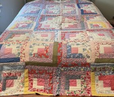 Antique Hand Quilted Log Cabin Quilt Reverses to Wide Banded Pattern 69x 90