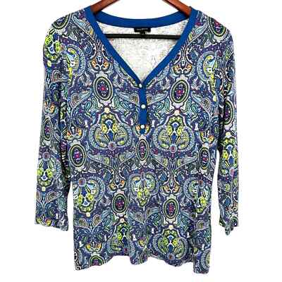 Talbots Womens Sz Medium Blue Green Floral 3/4 Sleeve Blouse Shirt