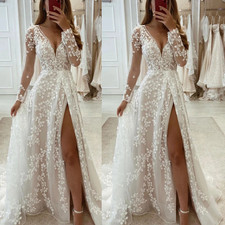 Beach Boho Wedding Dresses with Side Split Long Sleeves Deep V Neck Bridal Gowns