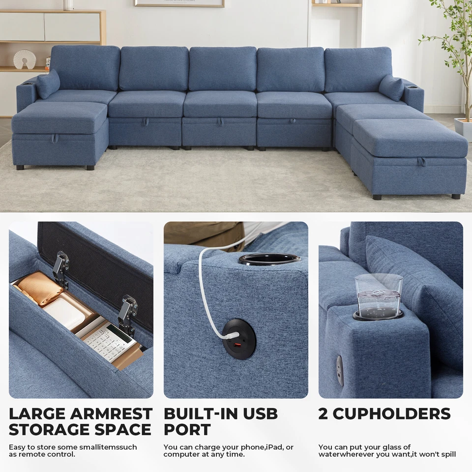 8 Modular Sectional U Shape Couch w/Storage USB Port Cup Holder Convertible Sofa - Image 3 of 4