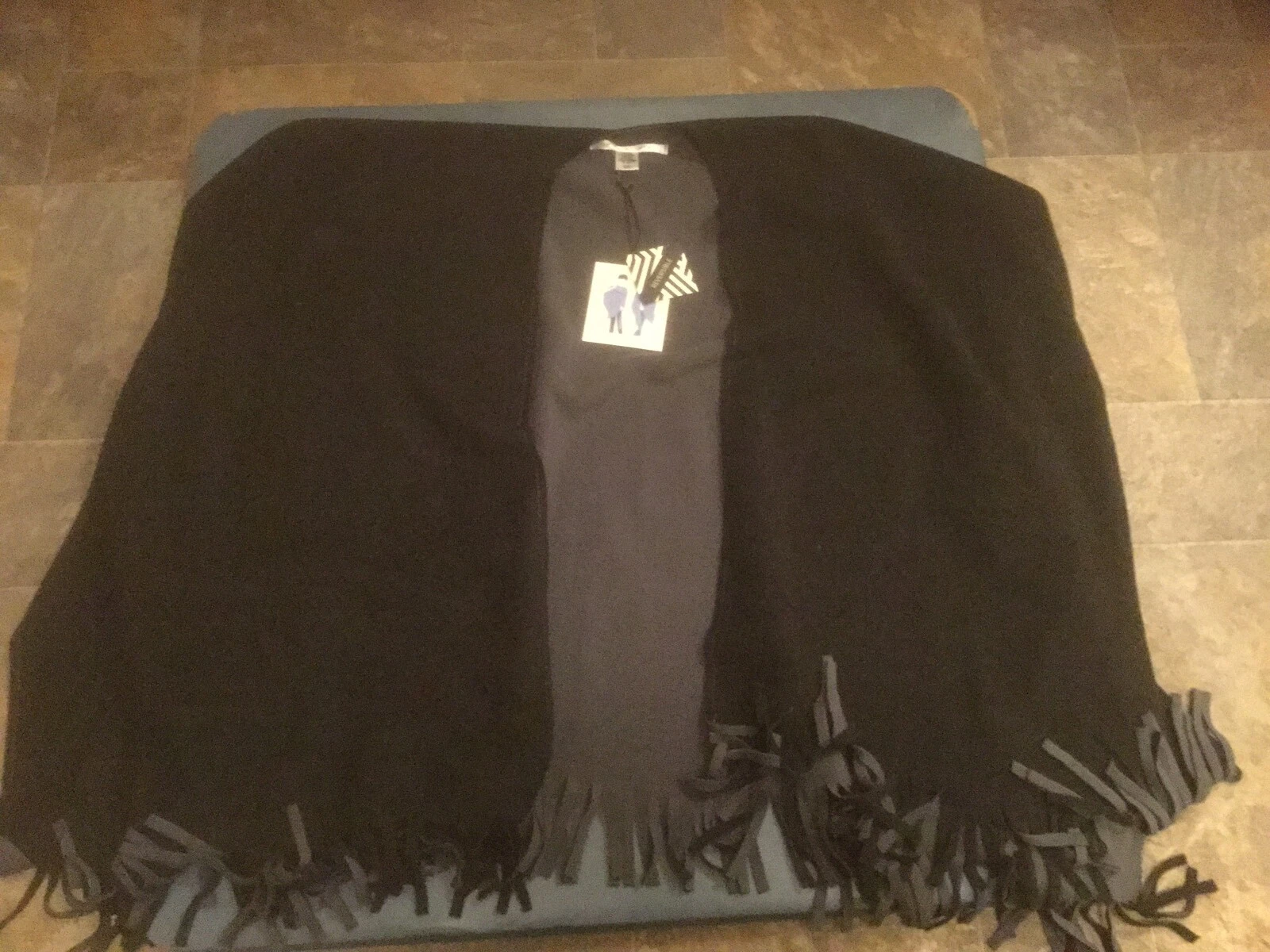 Max Studio Women's One Size Black & Gray Reversible Open Poncho Fringe NWT