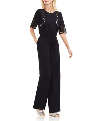 VINCE CAMUTO Black Embroidered Eyelet Short Sleeve Wide Leg