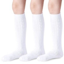 Knee High Socks for Girls White Knee High Socks 10-14 Years Seamless Cable Kn...
