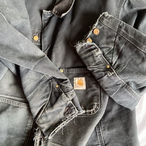 Vtg Carhartt Thrashed Faded Black Detroit Work Jacket Wool Lined Blanket C01 48 - Picture 10 of 18