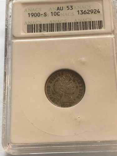 1900-s Barber Dime , almost uncirculated, ANACS AU 53 , scarce - Picture 3 of 7