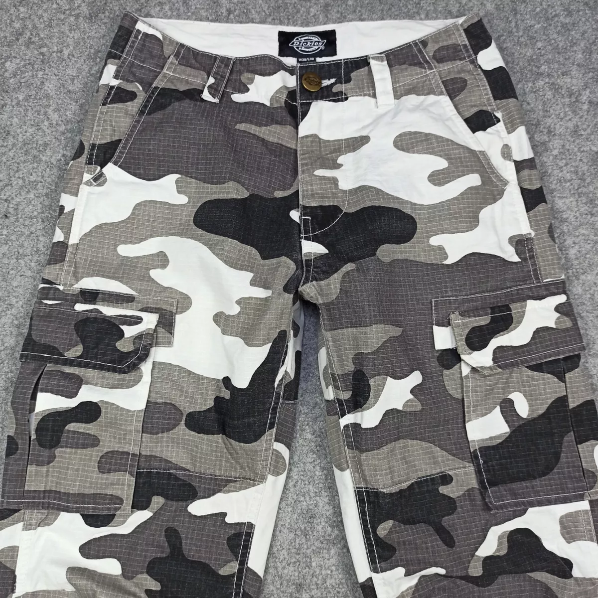 Dickies Mens Camo Cargo Trousers W28 L30 Grey/White Cotton Zip Camouflage  Pants