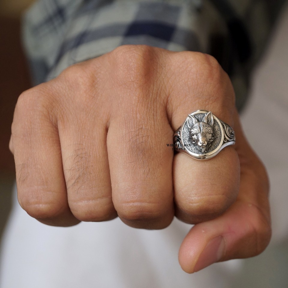 Fox Head Animal Biker Rider 925 Sterling Silver Oxidized Signet Men ...
