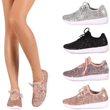 New Womens Sparkling Glitter Lace Up Gym Fitness Trainer Fashion Sneaker Booties