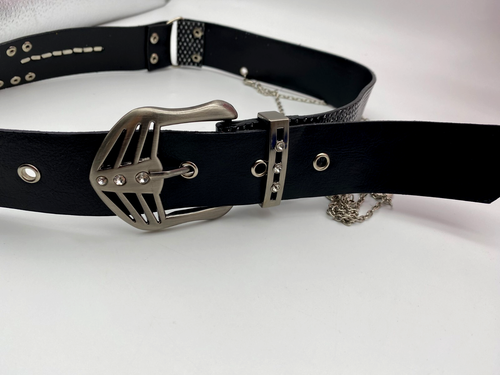 Belt Women Studded Faux Leather Black Panelled Chain Metal Fringes Coins