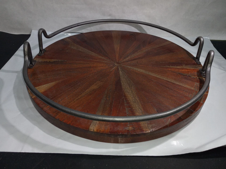 Vintage Large Round Wooden Serving Tray Circular Metal Handles - 17 3/4" - Image 3 of 4