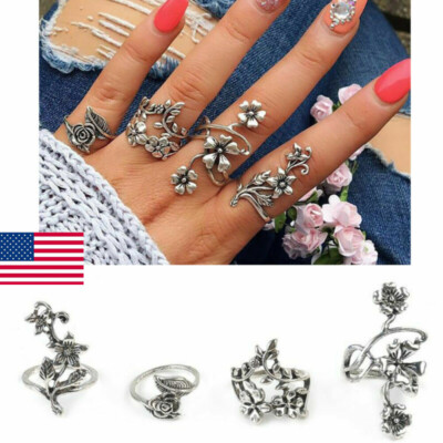 4Pcs Vintage Bohemian Crystal Hollow Flower Retro Silver Boho Finger Midi  Rings