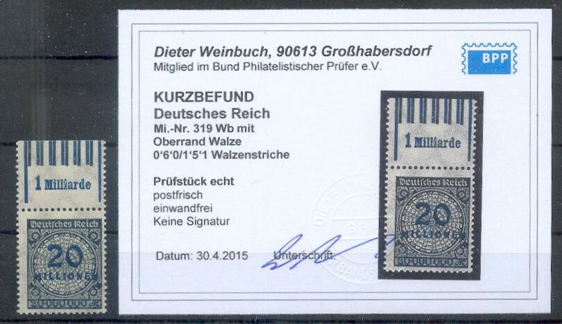 DR-Infla 319Wb Wor Oberrand** Mnh Postfrisch Bpp Befund 140EUR (E5417)