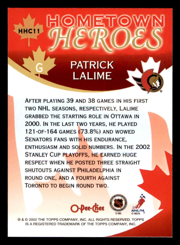 2002-03 O-Pee-Chee Hometown Heroes #HHC11 Patrick Lalime - Image 2 of 2