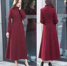 Womens Stand-up Collar Woolen Coat Long Thick Button Slim Elegant Party Overcoat
