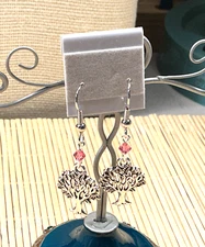 Endearing Earring Artisan Silver Tone Pink Crystal Tree of Life Pierced Drop